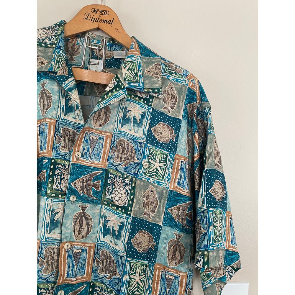 Vintage Burma Bibas Silk Short Sleeve Button Down Beach Print 90s Large Hawaiian